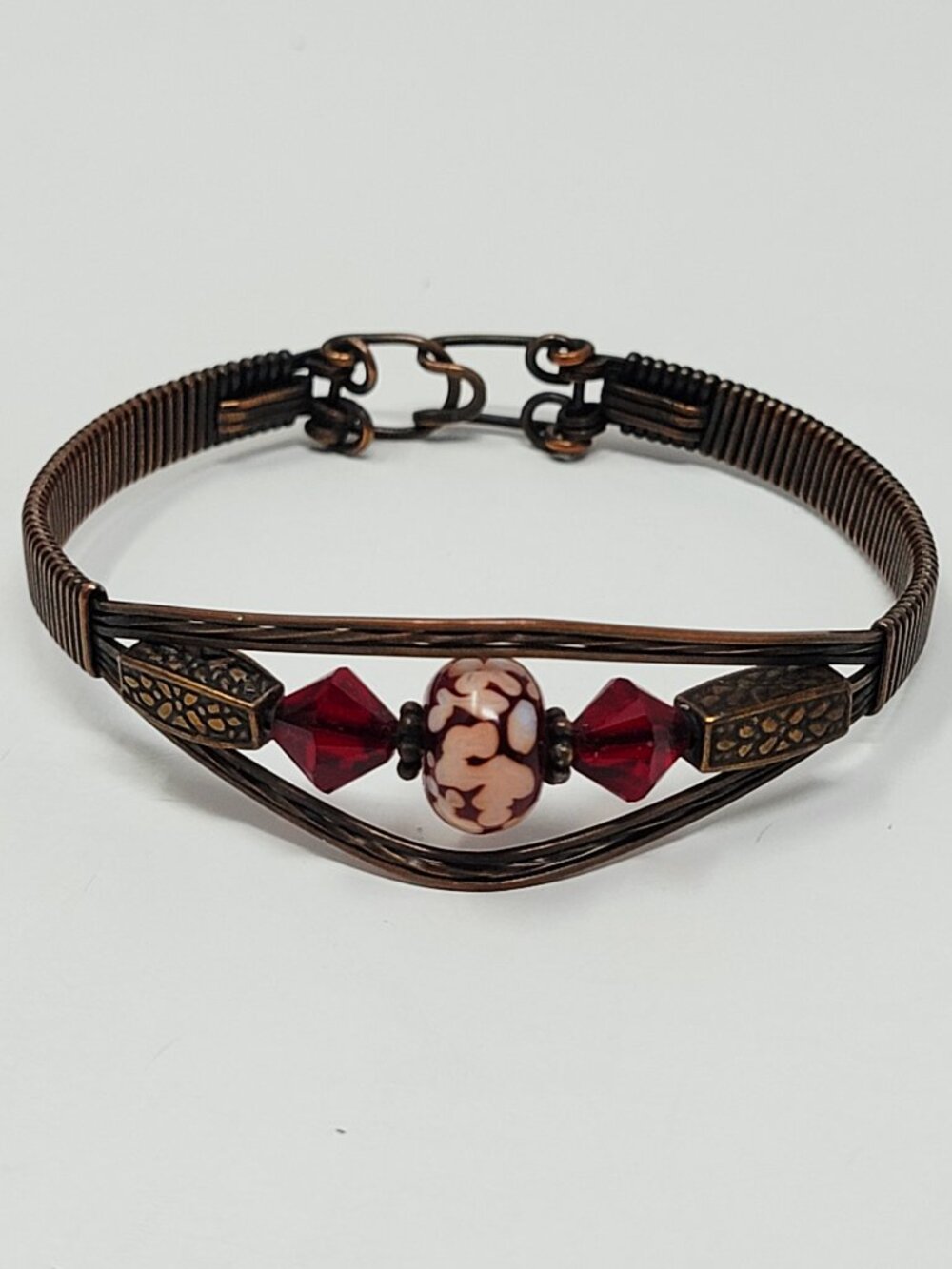 Artisan Copper Wire Wrapped Lampwork Glass Bead Red Crystal Boho Bracelet